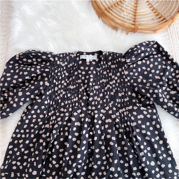 Hunter Bell Jenkins Mini Dress in Desert Poppy Print Puff Sleeves Black Tan Dot - Picture 6 of 14